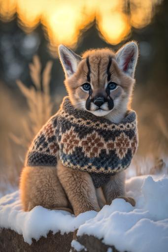 cougar mountain lion cub wearing cute handknitted vividfairisle dog sweater in deep snow, stunning award-winning nature photography, banff, golden hour --ar 2:3