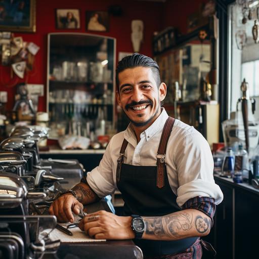 counter photos of happy latin barber with scissors and shaver in hand