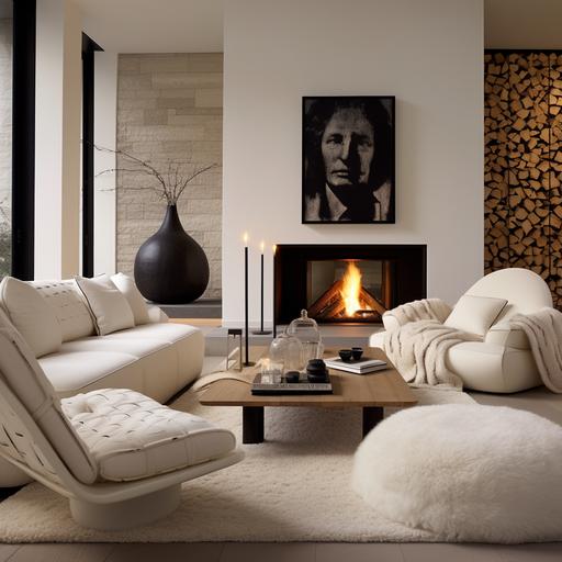 country modern style interior design Menotti saddle-white Sofa, Sendai arm chair , carpet Fendi , country fire place
