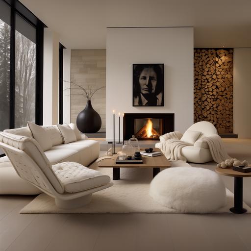 country modern style interior design Menotti saddle-white Sofa, Sendai arm chair , carpet Fendi , country fire place