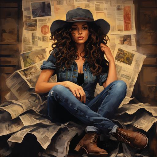 country music girl with dark curly hair and cowboy boots, jeans, hat , artist record cover