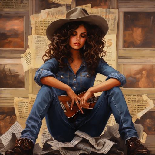 country music girl with dark curly hair and cowboy boots, jeans, hat , artist record cover