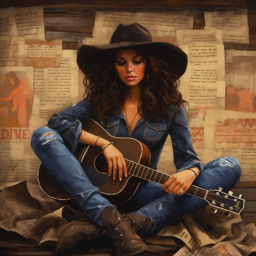 country music girl with dark curly hair and cowboy boots, jeans, hat , artist record cover