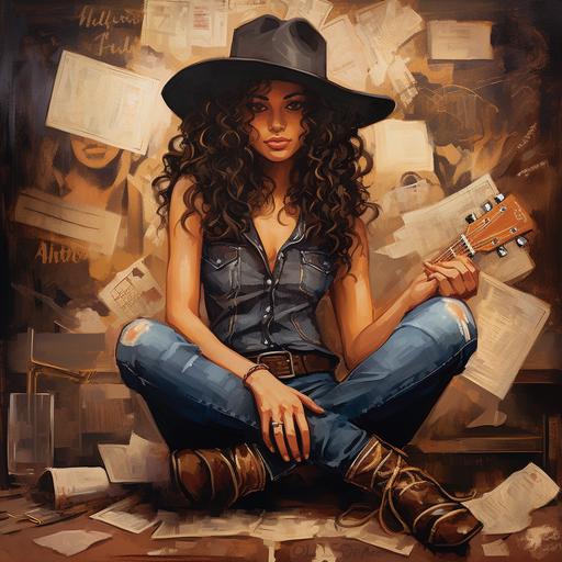 country music girl with dark curly hair and cowboy boots, jeans, hat , artist record cover