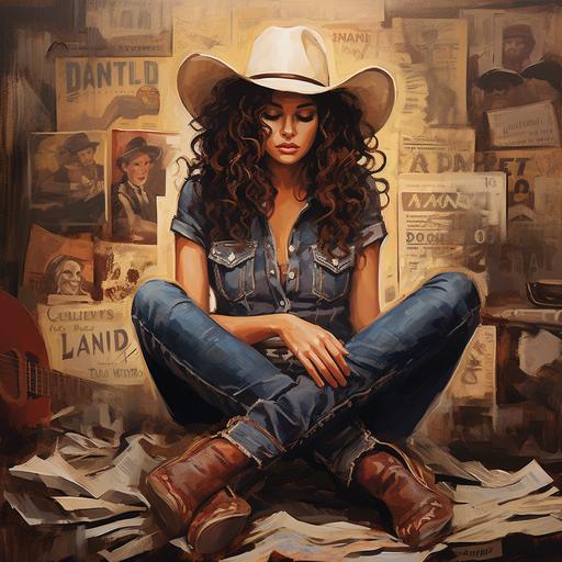 country music girl with dark curly hair and cowboy boots, jeans, hat , artist record cover