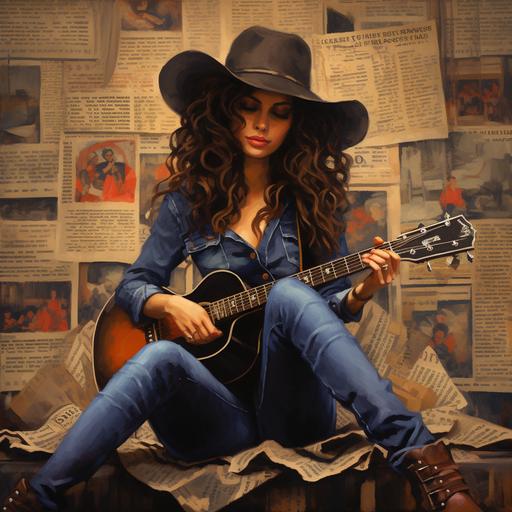 country music girl with dark curly hair and cowboy boots, jeans, hat , artist record cover