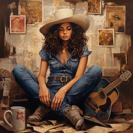 country music girl with dark curly hair and cowboy boots, jeans, hat , artist record cover