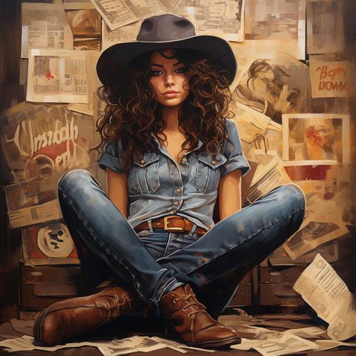 country music girl with dark curly hair and cowboy boots, jeans, hat , artist record cover