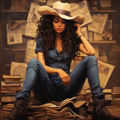 country music girl with dark curly hair and cowboy boots, jeans, hat , artist record cover