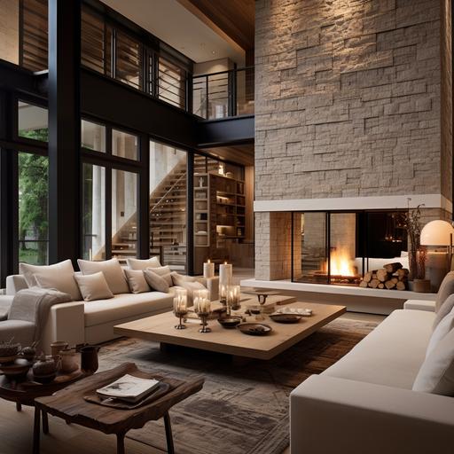 country style interior design Menotti saddle-white Sofa, Sendai arm chair , carpet Fendi , ceiling wood , country fire place wall natural stone cladding