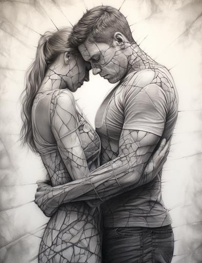 couple hugging drawing in pencil, in the style of cracked, realistic depictions of human form, michael page, trapped emotions depicted, animated gifs, chalky, romantic emotivity --ar 37:48