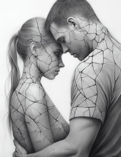 couple hugging drawing in pencil, in the style of cracked, realistic depictions of human form, michael page, trapped emotions depicted, animated gifs, chalky, romantic emotivity --ar 37:48