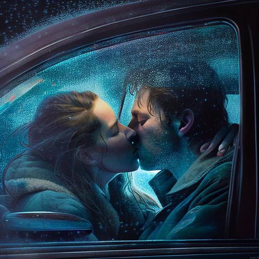 couple in love kissing in the car, night, fogged windows, illuminated photo, hyper-realistic
