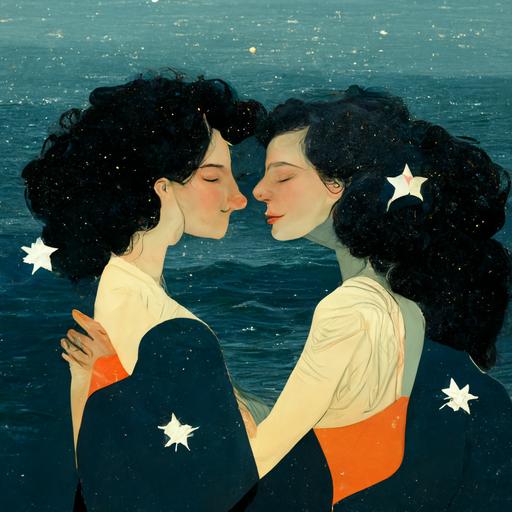 couple of women lesbians hugging each other over the sea with stars below and a passionate kiss