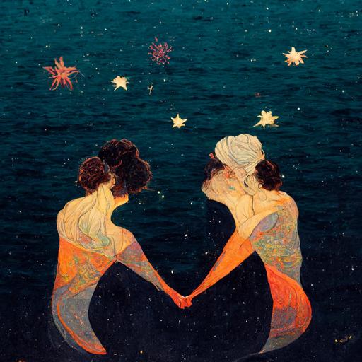 couple of women lesbians hugging each other over the sea with stars below and a passionate kiss