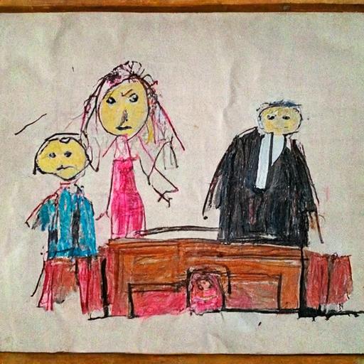 courtroom sketch, mommy and daddy divorcing, drawn by a 5 year old, naive illustration, childs drawing