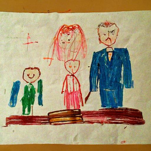 courtroom sketch, mommy and daddy divorcing, drawn by a 5 year old, naive illustration, childs drawing
