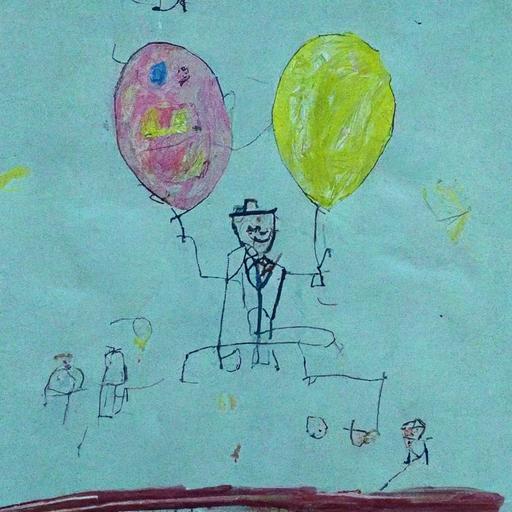 courtroom sketch of daddy winny the lottery drawn by a 5 year old, happy, celebration, balloons, money, rich