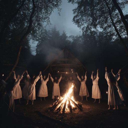 coven portrait of men and women witches, dressed in white, in the forest, starry night sky and full moon, around a bonfire, dancing in dynamic action pose, fantasy and fantasy style, cinematography, film still, 35 mm, taken with Hasselblad 56 mp medium format camera,