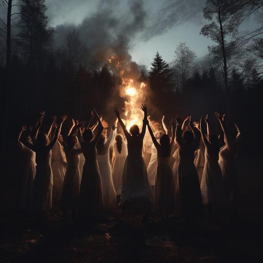 coven portrait of men and women witches, dressed in white, in the forest, starry night sky and full moon, around a bonfire, dancing in dynamic action pose, fantasy and fantasy style, cinematography, film still, 35 mm, taken with Hasselblad 56 mp medium format camera,