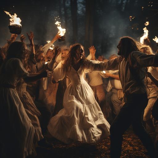 coven portrait of witch men and women, dressed in white, in the forest, starry night sky and full moon, around a bonfire, dancing in dynamic action pose, in the style of Rubens, Caravagio, cinematography, film still, 35 mm, taken with Hasselblad 56 mp medium format camera,
