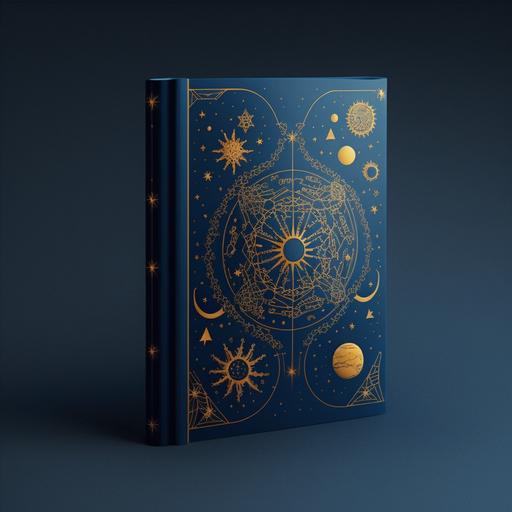 cover design (40 x 24 cm) with a dark blue gradient background with golden astronomical figures all over resembling a sky map
