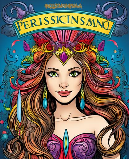 cover for a coloring book, illustration of markers, princess with vivid marker colors, add the text Princesscartoon lines, thick lines, vivid detail --ar 9:11