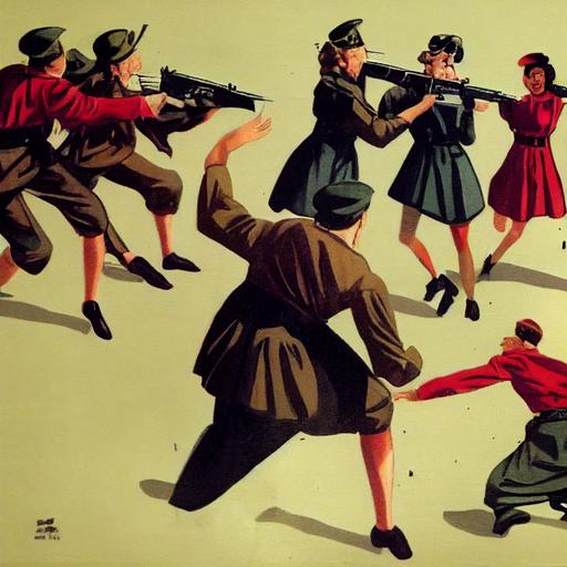 a pack of baboons in WW2 German soldier uniforms and guns attack a crowd of nicely dressed women in a large grocery store. women in dresses and women in suits. The baboons are punching and kicking and biting the women who are dressed nicely. drops of red paint is splattered on the women's nice clothes. The baboons are leaping into the air and spinning. A baboon up in the camera is snarling and screaming and showing big sharp baboon teeth. Battle for the Planet of the Apes. Mad Max. high definition v4 ultra hyper realistic.sharp image. super detailed. HD vivid clarity. Graffiti. high definition v4 ultra sharp details. Big sharp teeth, baboons leaping 10' in the air --test --creative