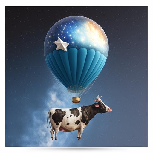 cow in a birthday cap flying in space on a milky way in a hot air balloon
