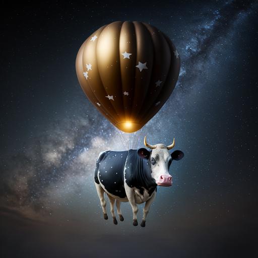 cow in a birthday cap flying in space on a milky way in a hot air balloon
