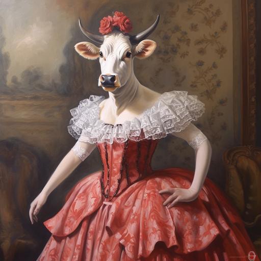 cow in a dress, Italian, mafia, Quinceañera dress, beautiful, oil painting --v 5.1