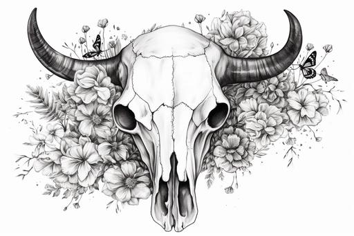 cow skull with flowers drawn on the skull, black and white, white background, --ar 3:2 --v 5