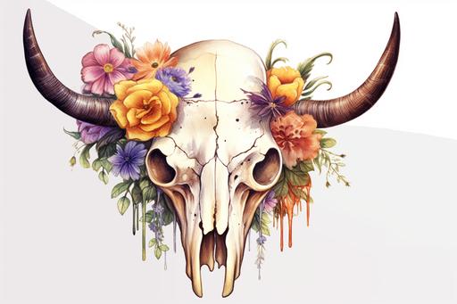 cow skull with flowers drawn on the skull, white background, --aspect 3:2 --v 5.1