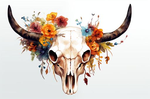 cow skull with flowers drawn on the skull, white background, --aspect 3:2 --v 5.1