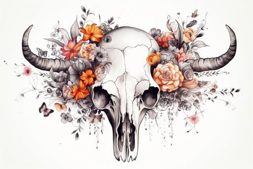 cow skull with flowers drawn on the skull, white background, --ar 3:2 --v 5