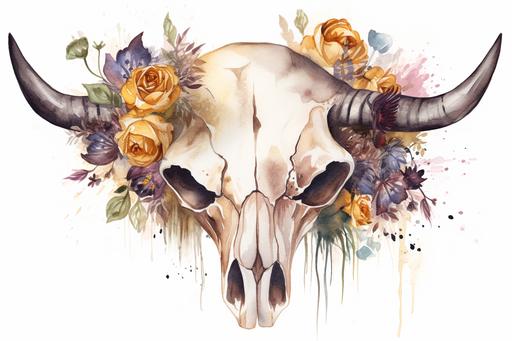 cow skull with flowers drawn on the skull, white background, --ar 3:2 --v 5