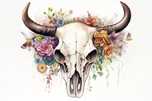 cow skull with flowers drawn on the skull, white background, --ar 3:2 --v 5