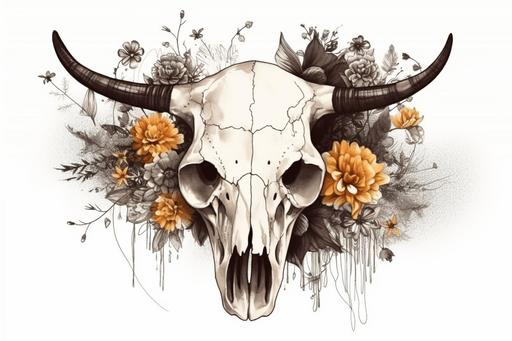 cow skull with flowers drawn on the skull, white background, --ar 3:2 --v 5