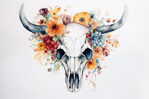 cow skull with flowers drawn on the skull, white background, --ar 3:2 --v 5