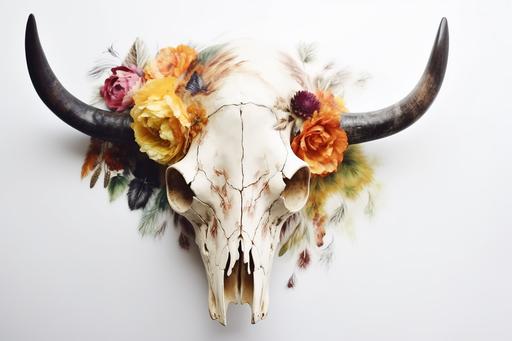 cow skull with flowers drawn on the skull, white background, --ar 3:2 --v 5