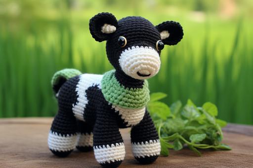 cow teddy pattern, crochet tutorial, in the style of black-and-white, three-dimensional puzzles, pastoral scenes, creative commons attribution, dark beige and dark azure, eye-catching, light green and dark black --ar 3:2