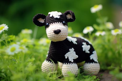 cow teddy pattern, crochet tutorial, in the style of black-and-white, three-dimensional puzzles, pastoral scenes, creative commons attribution, dark beige and dark azure, eye-catching, light green and dark black --ar 3:2