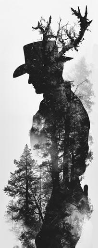 cowboy cernunnos silhouette, negative space, my mind is ranking the reality up and down, carboniferous forest, mega city image in shades of grey , hi-quality, very detailed, kintsugi --ar 2:5 --v 6.0