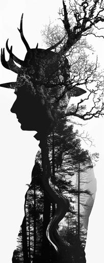 cowboy cernunnos silhouette, negative space, my mind is ranking the reality up and down, carboniferous forest, mega city image in shades of grey , hi-quality, very detailed, kintsugi --ar 2:5 --v 6.0