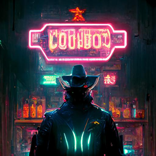 cowboy, cyberpunk, with a gun, neon signs, saloon, 4k