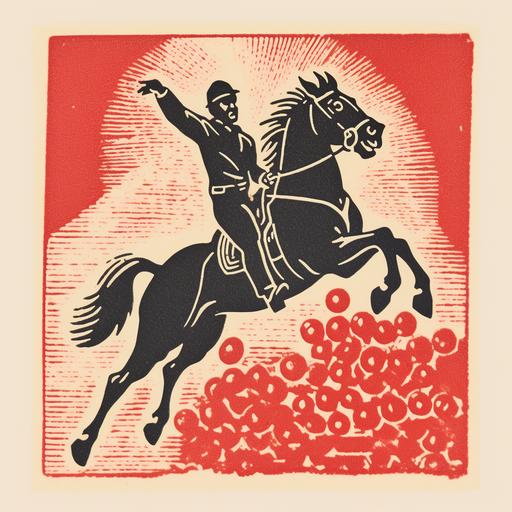 cowboy on jumping horse with a big bunch of grapes on his back, red ink, line engraving, intaglio by saul bass, italy in communism poster style, antique vintage matchbox label