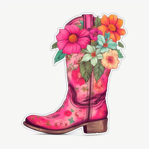 cowgirl boots, hot pink, western, flowers, white background, sticker, high resolution, vibrant --ar 12:12 --v 5