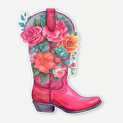 cowgirl boots, hot pink, western, flowers, white background, sticker, high resolution, vibrant --ar 12:12 --v 5