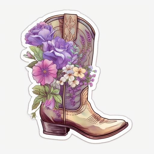 cowgirl boots, lilac color, western, flowers, white background, sticker, high resolution, vibrant --ar 12:12 --v 5