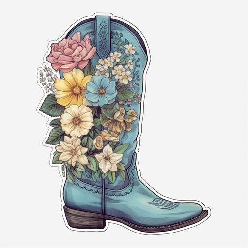 cowgirl boots, pastel blue, western, flowers, white background, sticker, high resolution, vibrant --ar 12:12 --v 5